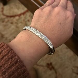 Stunning Rhinestone Silver-Toned Hinged Bangle Bracelet